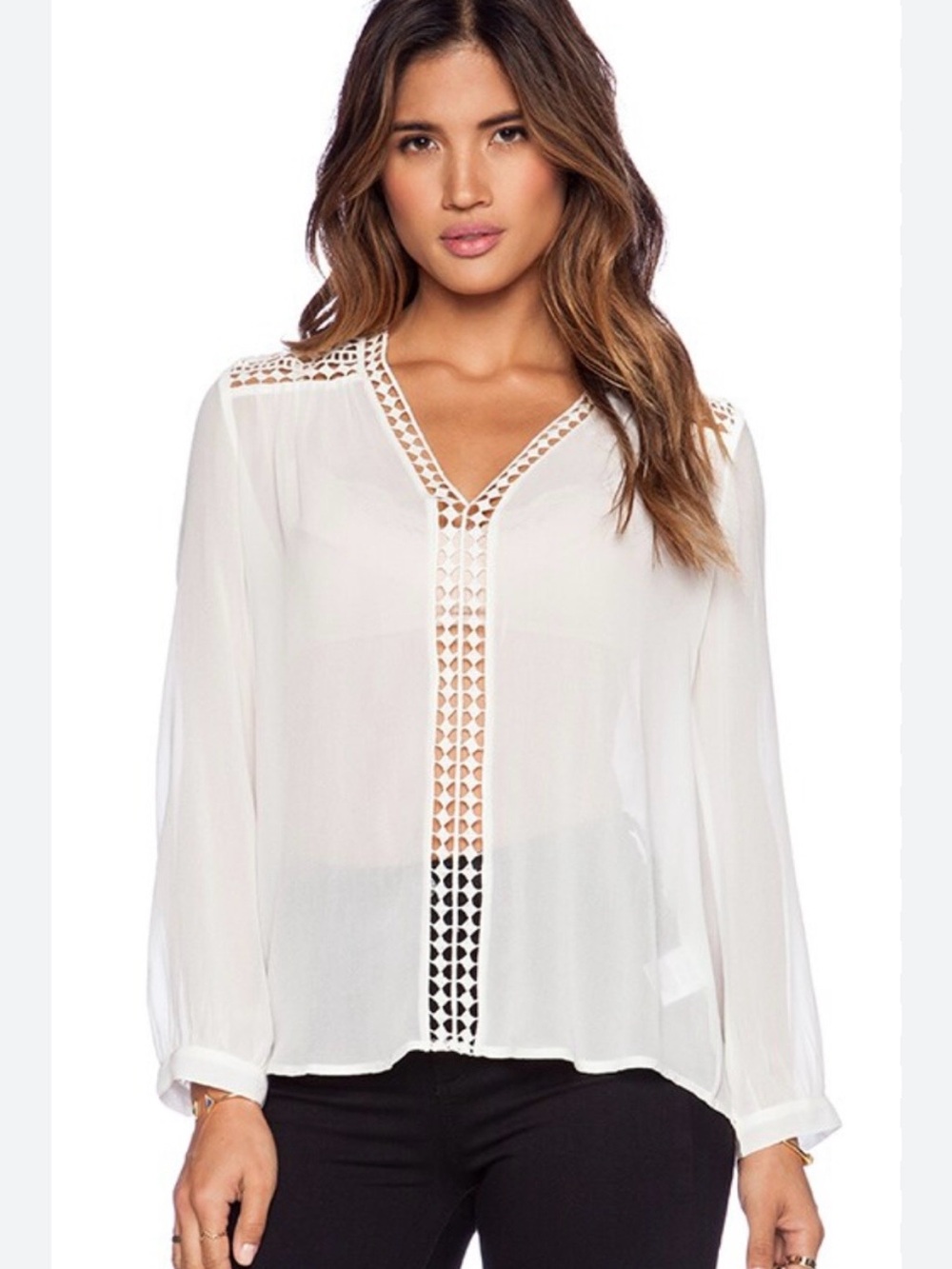 Women’s Joie Lilura Blouse in Black Crochet-Trim V-Neck Blouse size M